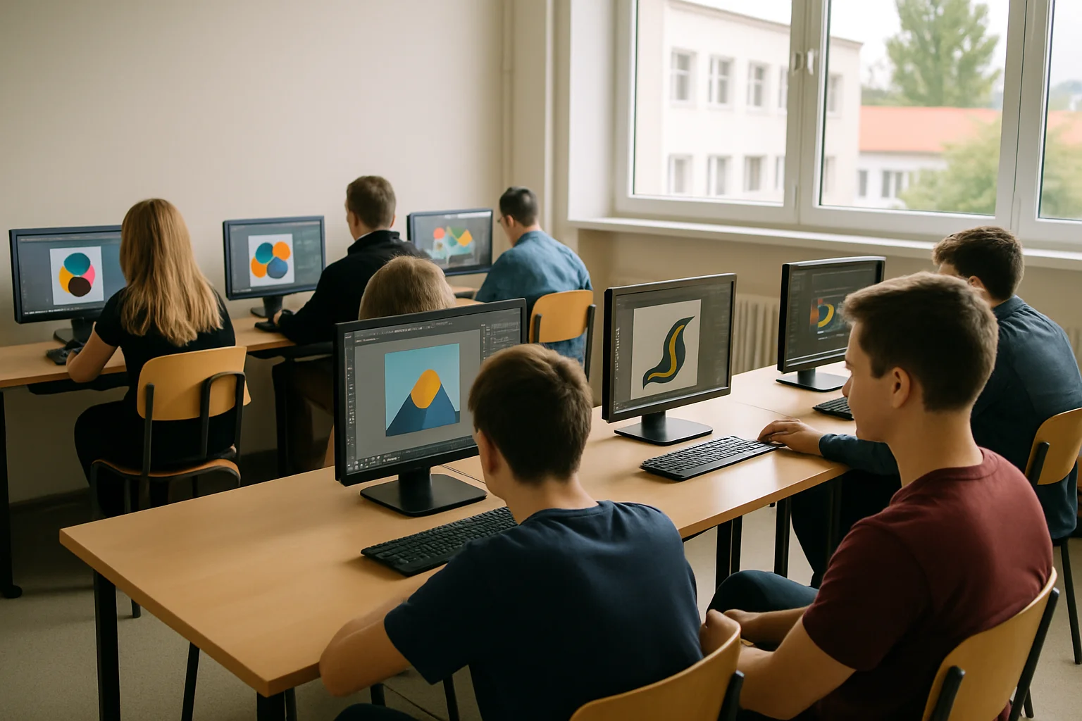 Ilustrácia študentov pri digitálnych technológiách